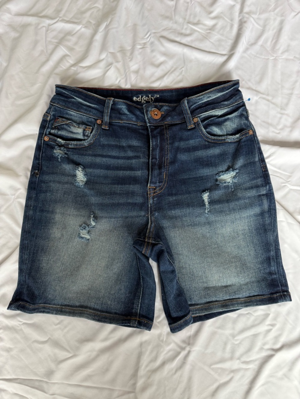 Edgely Distressed Dark Wash Denim Bermuda Shorts